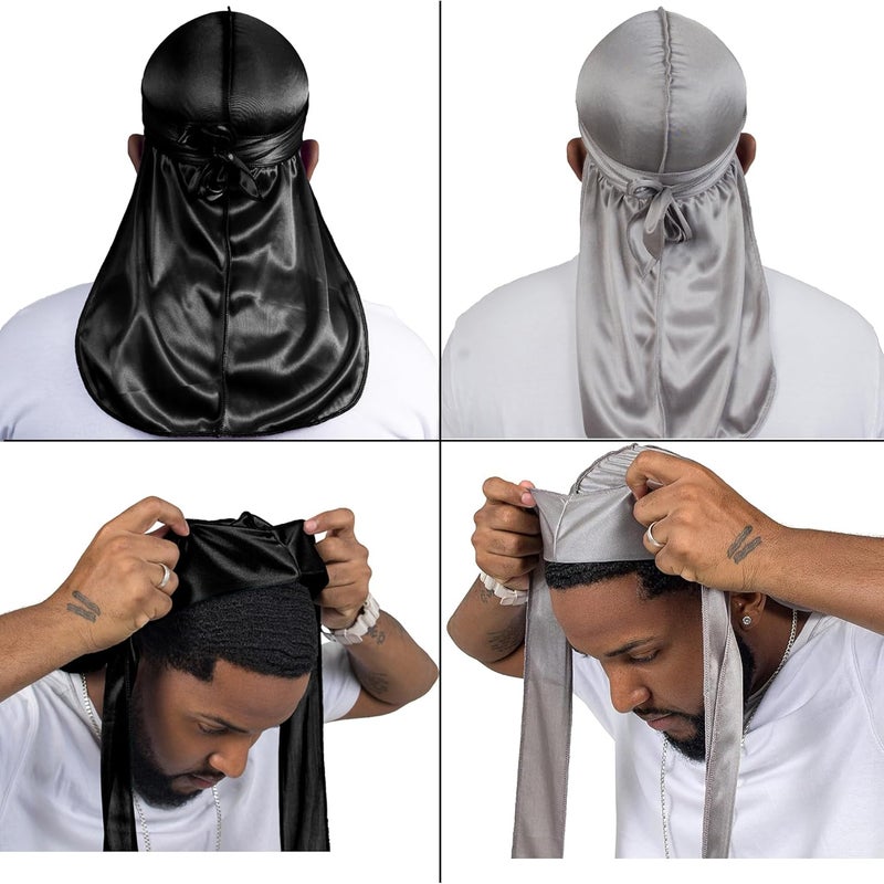ForceWave 4PCS Silky Durags for Men Women 360 Waves with 1 Wave Cap, Silky Satin Durag Extra Long Tails - Image 3